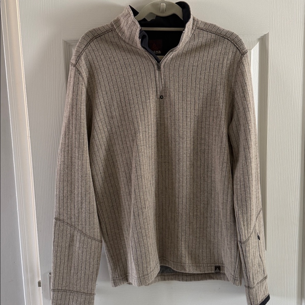 PRANA‎ Breathe Mens M Wool Blend Sweater 1/4 Zip Ribbed Knit Tan Outdoors